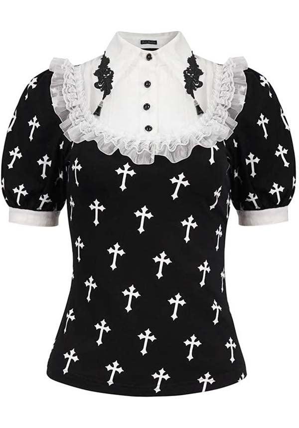 Magdeline Cross | TOP - Beserk - all, all clothing, all ladies clothing, apr23, black and white, buttons, chiffon, clothing, cross, cuffs, devil fashion, discountapp, DVPI022923, fp, googleshopping, goth, goth shirt, gothic, lace, ladies clothing, ladies shirt, ladies top, ladies tops, medieval, office, office clothing, plus size, R240423, renaissance, shirt, shirts, tees and tops, top, tops, tshirts and tops, victorian, womens shirt, womens shirts, womens top