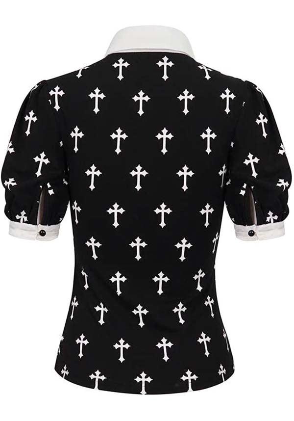 Magdeline Cross | TOP - Beserk - all, all clothing, all ladies clothing, apr23, black and white, buttons, chiffon, clothing, cross, cuffs, devil fashion, discountapp, DVPI022923, fp, googleshopping, goth, goth shirt, gothic, lace, ladies clothing, ladies shirt, ladies top, ladies tops, medieval, office, office clothing, plus size, R240423, renaissance, shirt, shirts, tees and tops, top, tops, tshirts and tops, victorian, womens shirt, womens shirts, womens top