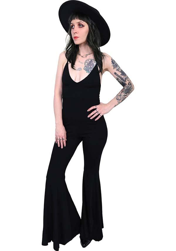 Mega Flare | JUMPSUIT - Beserk - adjustable strap, all, all clothing, all ladies clothing, bell bottoms, black, clickfrenzy15-2023, clothing, discountapp, exclusive, FB145000, feb23, festival, flare, flare pants, flared, flared pants, flares, fox blood, foxblood, fp, googleshopping, goth, gothic, jumpsuit, labelexclusive, ladies clothing, plus size, R190223, retro