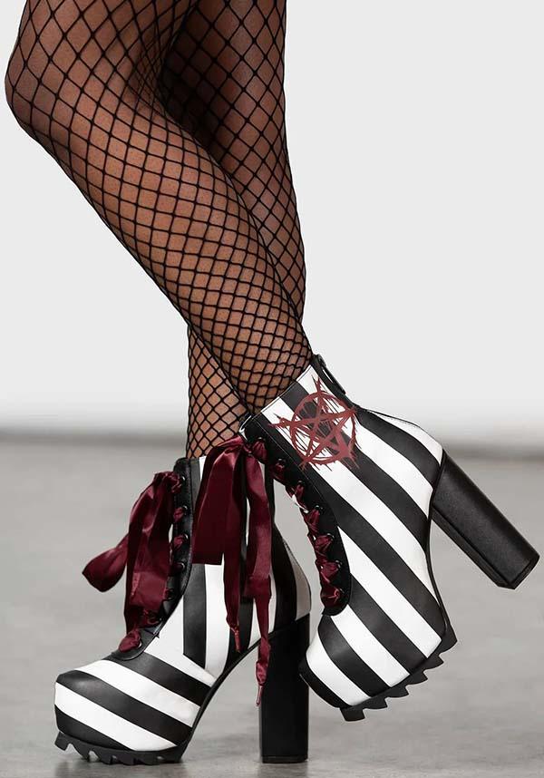 Lost Vegas | BOOTS"` - Beserk - all, ankle boots, apr23, black and white, boot, boots, boots [in stock], discountapp, fp, googleshopping, goth, gothic, heel, heeled boots, in stock, instock, kill star, killstar, killstar shoes, KS1069211, labelinstock, labelpending, labelvegan, pentacle, R230423, red, ribbon, shoe, shoes, stripe, striped, stripes, stripey, vegan