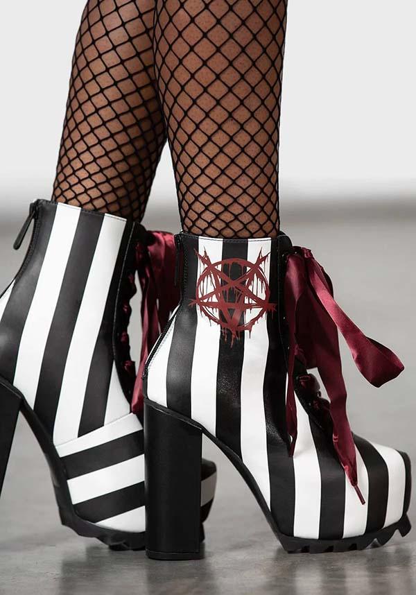 Lost Vegas | BOOTS&quot;` - Beserk - all, ankle boots, apr23, black and white, boot, boots, boots [in stock], discountapp, fp, googleshopping, goth, gothic, heel, heeled boots, in stock, instock, kill star, killstar, killstar shoes, KS1069211, labelinstock, labelpending, labelvegan, pentacle, R230423, red, ribbon, shoe, shoes, stripe, striped, stripes, stripey, vegan
