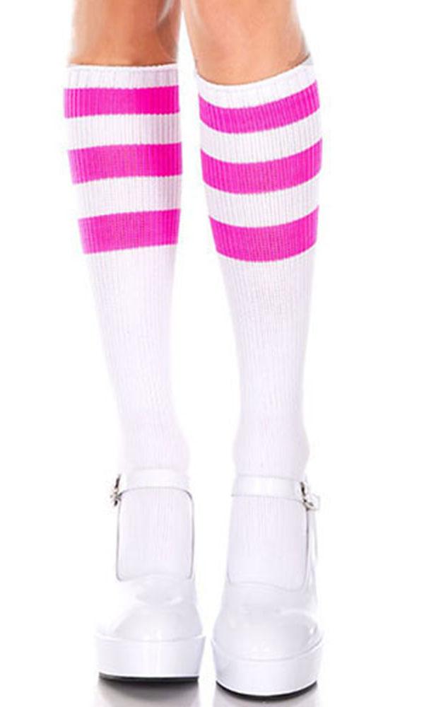 Acrylic Knitted Triple Stripe [White/Neon Pink] | KNEE HIGH SOCKS* at $13.95 only from Beserk