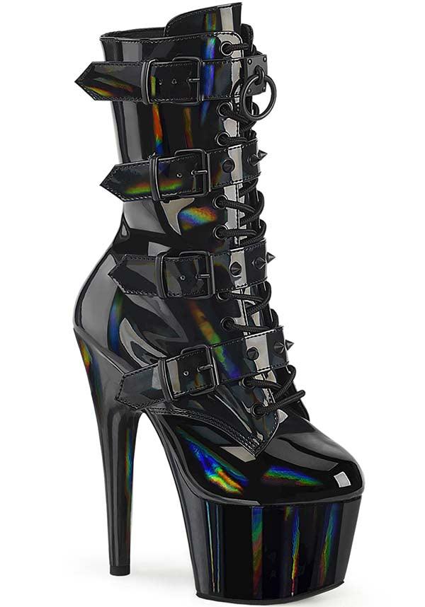 ADORE-1046 [Black Holo Patent] | PLATFORM BOOTS [PREORDER] - Beserk - all, ankle boots, apr23, black, boot, boots, boots [preorder], buckle, buckles, clickfrenzy15-2023, discountapp, fetish, fp, googleshopping, heel, heeled, heeled boots, heels, heels [preorder], holo, holographic, labelpreorder, ladies shoes, patent, platform boots, platform heels, pole, pole dancing, ppo, preorder, shoe, shoes, stripper, vegan