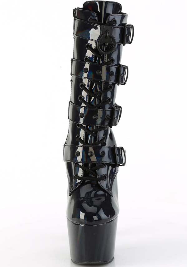 ADORE-1046 [Black Holo Patent] | PLATFORM BOOTS [PREORDER] - Beserk - all, ankle boots, apr23, black, boot, boots, boots [preorder], buckle, buckles, clickfrenzy15-2023, discountapp, fetish, fp, googleshopping, heel, heeled, heeled boots, heels, heels [preorder], holo, holographic, labelpreorder, ladies shoes, patent, platform boots, platform heels, pole, pole dancing, ppo, preorder, shoe, shoes, stripper, vegan