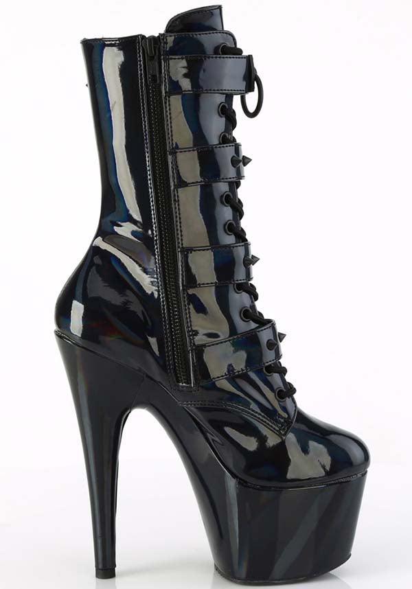ADORE-1046 [Black Holo Patent] | PLATFORM BOOTS [PREORDER] - Beserk - all, ankle boots, apr23, black, boot, boots, boots [preorder], buckle, buckles, clickfrenzy15-2023, discountapp, fetish, fp, googleshopping, heel, heeled, heeled boots, heels, heels [preorder], holo, holographic, labelpreorder, ladies shoes, patent, platform boots, platform heels, pole, pole dancing, ppo, preorder, shoe, shoes, stripper, vegan