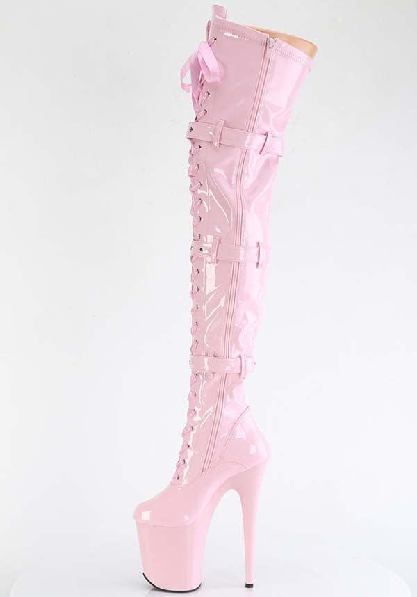 FLAMINGO-3028 [Baby Pink Patent] | PLATFORM BOOTS [PREORDER] - Beserk - all, apr23, baby pink, boot, boots, boots [preorder], buckle, buckles, clickfrenzy15-2023, discountapp, fp, googleshopping, heel, heeled, heeled boots, heels, heels [preorder], labelpreorder, ladies shoes, light pink, pastel, pastel pink, patent, pink, platform boots, platform heels, pole, pole dancing, ppo, preorder, shoe, shoes, stripper, thigh high boots, vegan