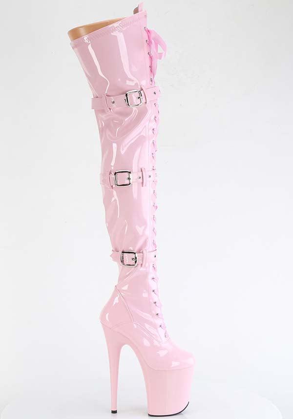 FLAMINGO-3028 [Baby Pink Patent] | PLATFORM BOOTS [PREORDER] - Beserk - all, apr23, baby pink, boot, boots, boots [preorder], buckle, buckles, clickfrenzy15-2023, discountapp, fp, googleshopping, heel, heeled, heeled boots, heels, heels [preorder], labelpreorder, ladies shoes, light pink, pastel, pastel pink, patent, pink, platform boots, platform heels, pole, pole dancing, ppo, preorder, shoe, shoes, stripper, thigh high boots, vegan