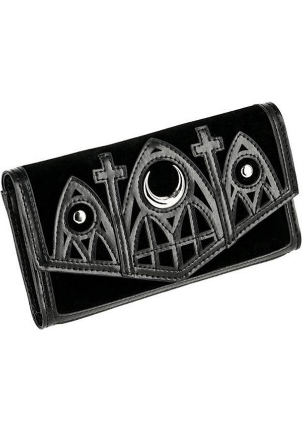 Cathedral | WALLET - Beserk - accessories, all, apr23, black, clickfrenzy15-2023, crescent moon, discountapp, faux leather, fp, googleshopping, goth, gothic, gothic accessories, handbags and purses, labelvegan, ladies accessories, moon, moon phase, mothers day, mothersday, purse, R020423, restyle, RS218094, silver, vegan, velvet, wallet, wallets, wallets and purse, wallets and purses