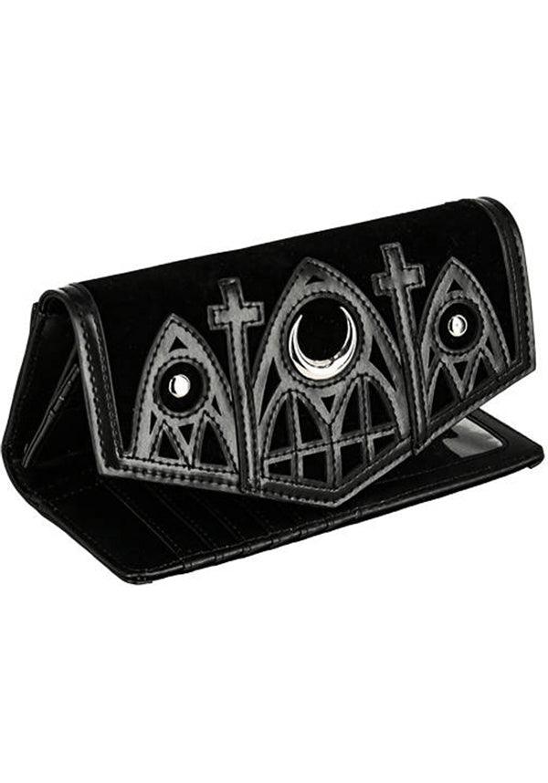 Cathedral | WALLET - Beserk - accessories, all, apr23, black, clickfrenzy15-2023, crescent moon, discountapp, faux leather, fp, googleshopping, goth, gothic, gothic accessories, handbags and purses, labelvegan, ladies accessories, moon, moon phase, mothers day, mothersday, purse, R020423, restyle, RS218094, silver, vegan, velvet, wallet, wallets, wallets and purse, wallets and purses