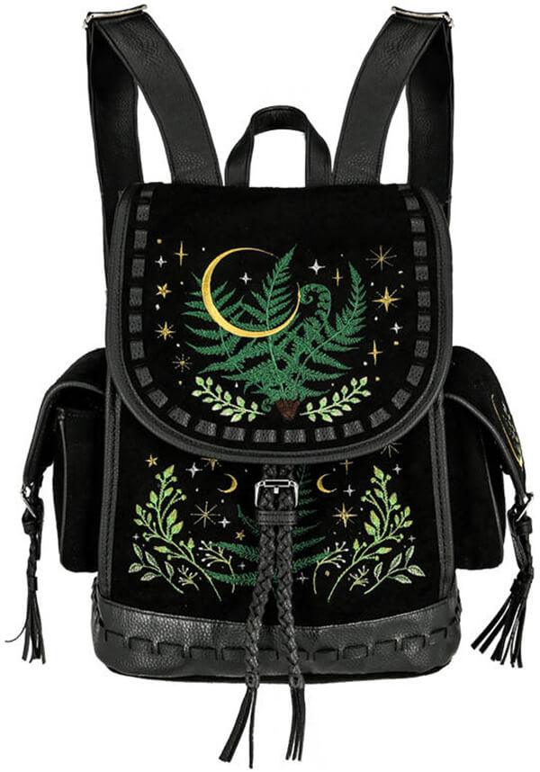 Herbal | BACKPACK - Beserk - accessories, all, all ladies, apr23, back bag, back pack, backpack, bag, bags, black, clickfrenzy15-2023, crescent moon, discountapp, fern, fp, googleshopping, goth, gothic, gothic accessories, gothic bag, labelvegan, ladies, ladies accessories, mens accessories, moon, moon phase, R020423, RS218094, star, stars, tassel, vegan, velvet, witchy