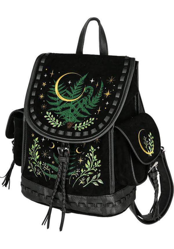 Herbal | BACKPACK - Beserk - accessories, all, all ladies, apr23, back bag, back pack, backpack, bag, bags, black, clickfrenzy15-2023, crescent moon, discountapp, fern, fp, googleshopping, goth, gothic, gothic accessories, gothic bag, labelvegan, ladies, ladies accessories, mens accessories, moon, moon phase, R020423, RS218094, star, stars, tassel, vegan, velvet, witchy