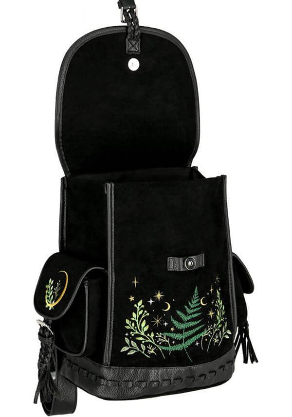 Herbal | BACKPACK - Beserk - accessories, all, all ladies, apr23, back bag, back pack, backpack, bag, bags, black, clickfrenzy15-2023, crescent moon, discountapp, fern, fp, googleshopping, goth, gothic, gothic accessories, gothic bag, labelvegan, ladies, ladies accessories, mens accessories, moon, moon phase, R020423, RS218094, star, stars, tassel, vegan, velvet, witchy