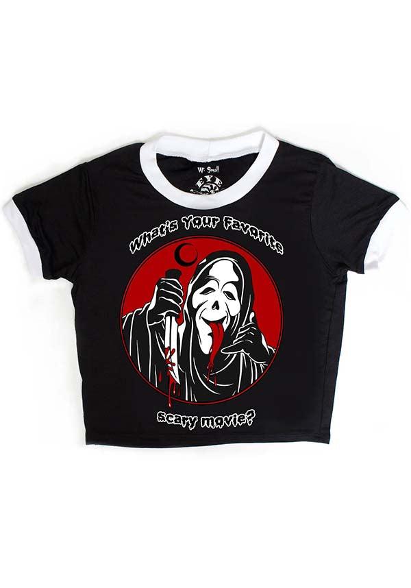 Fave Scary Movie | RINGER T-SHIRT - Beserk - all, apr23, black and white, classic horror, crop tee, crop top, cropped, cropped top, croptop, discountapp, fp, ghostface, girls crop top, googleshopping, goth, goth shirt, goth tshirt, gothic, horror, horror movie, ladies crop, ladies crop top, plus, plus size, R200423, red and black, scary, scary mask, scream, VE1118, womens crop, womens crop tops