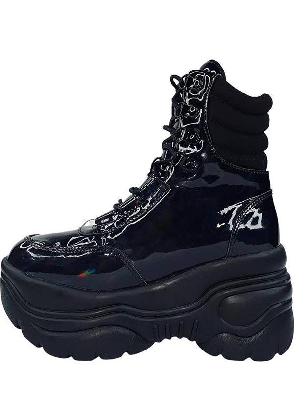 Matrixx Hi [Black Hologram] | PLATFORM BOOTS* - Beserk - all, ankle boots, boot, boots, boots [in stock], clickfrenzy15-2023, combat boots, discountapp, eofy2023, eofy2023thur22-25, feb23, googleshopping, goth, gothic, holo, holographic, in stock, instock, labelinstock, labelvegan, lace up, ladies shoes, lastonesale, platform, platform boots, platforms, platforms [in stock], R160223, sale, shiny, shoe, shoes, techwear, vegan, yru, YRU87007